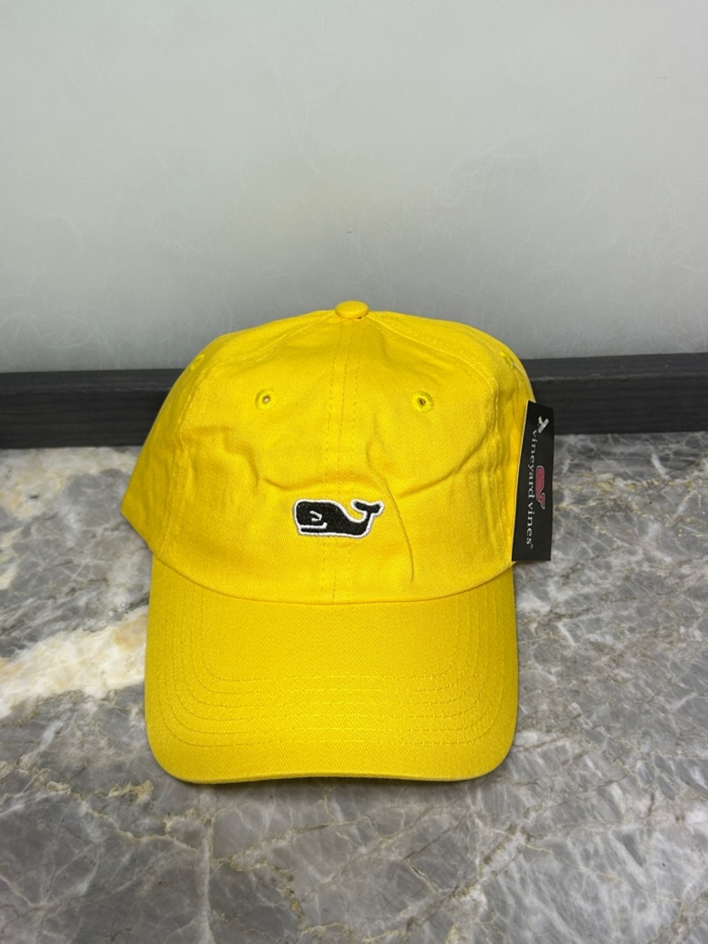 Vineyard Vines Yellow Baseball Hat with Black Whale Patch